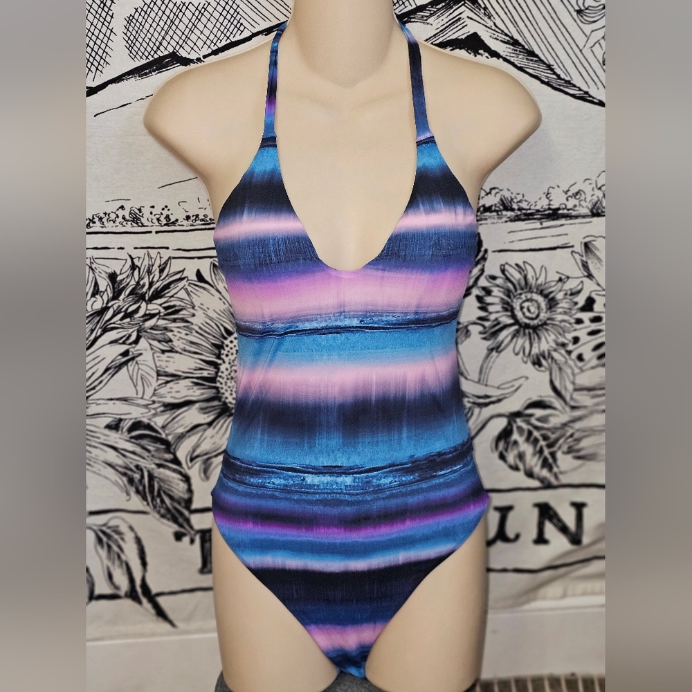 NWT Petal + Sea Skyline Double-knot Back One Piece Medium Blue & Purple & Black